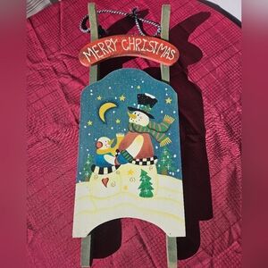 Vintage Christmas Snowman Wooden Sled Holiday Decor